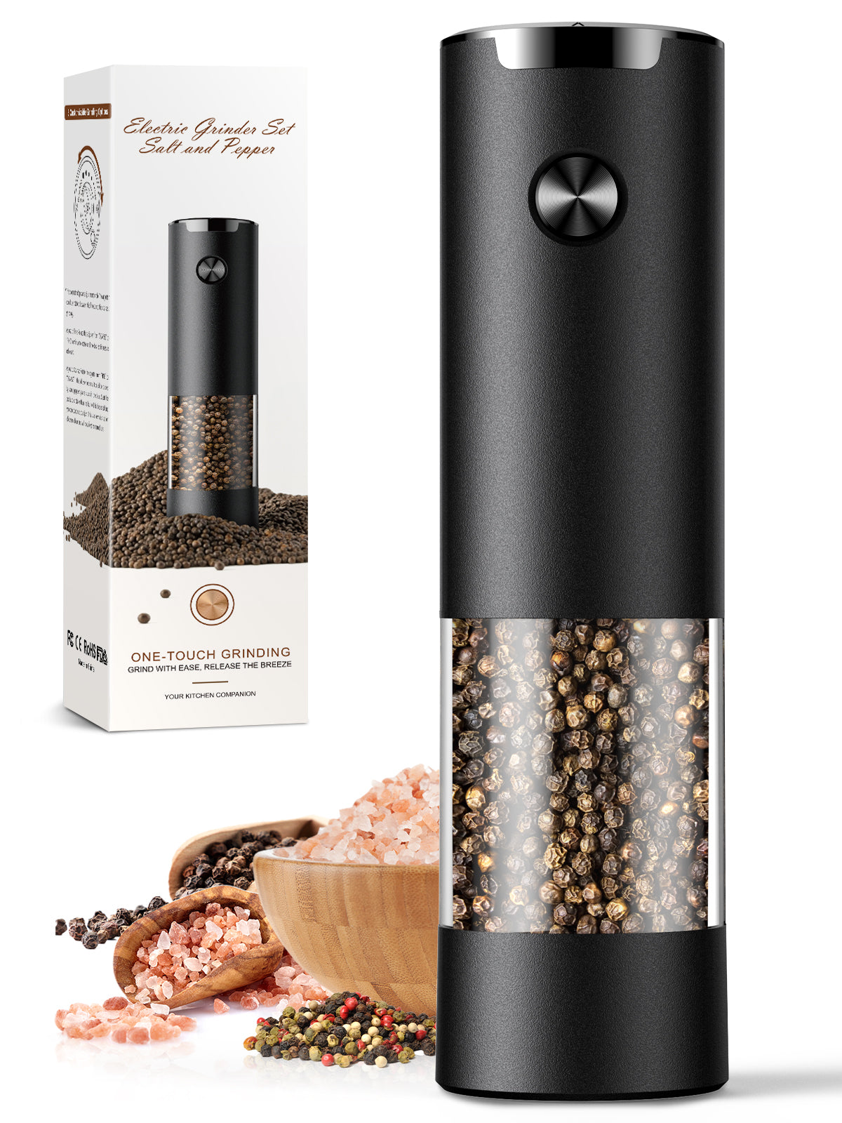 Electric Salt and Pepper Grinder Set Automatic Battery Pepper Mill Shakers Adjustable Coarseness Easy Filling Upgraded Larger Capacity with Led (1 Pack Black)