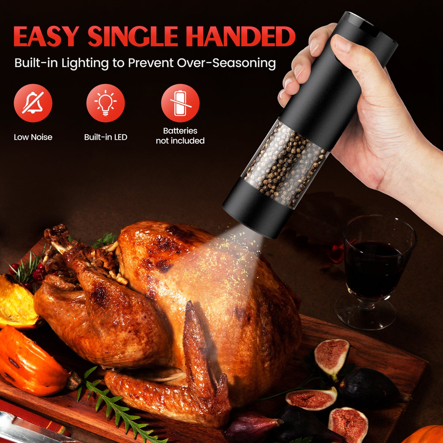 Electric Salt and Pepper Grinder Set Automatic Battery Pepper Mill Shakers Adjustable Coarseness Easy Filling Upgraded Larger Capacity with Led (2 Pack Black/White)
