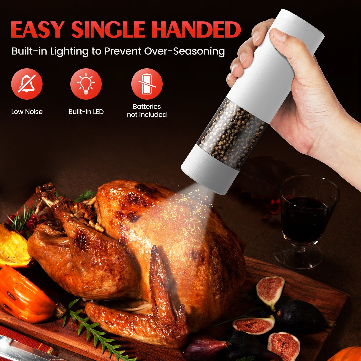 Electric Salt and Pepper Grinder Set Automatic Battery Pepper Mill Shakers Adjustable Coarseness Easy Filling Upgraded Larger Capacity with Led (2 Pack White/White)