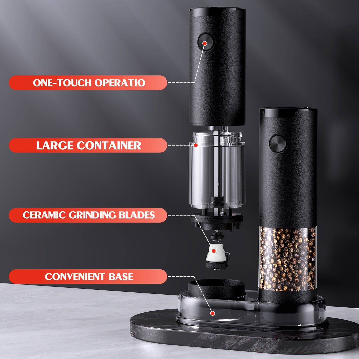 Electric Salt and Pepper Grinder Set Automatic Battery Pepper Mill Shakers Adjustable Coarseness Easy Filling Upgraded Larger Capacity with Led (2 Pack Black/Black)