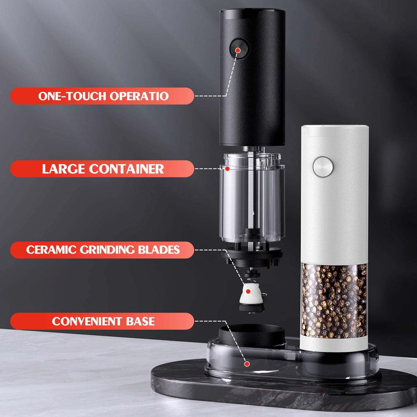 Electric Salt and Pepper Grinder Set Automatic Battery Pepper Mill Shakers Adjustable Coarseness Easy Filling Upgraded Larger Capacity with Led (2 Pack Black/White)