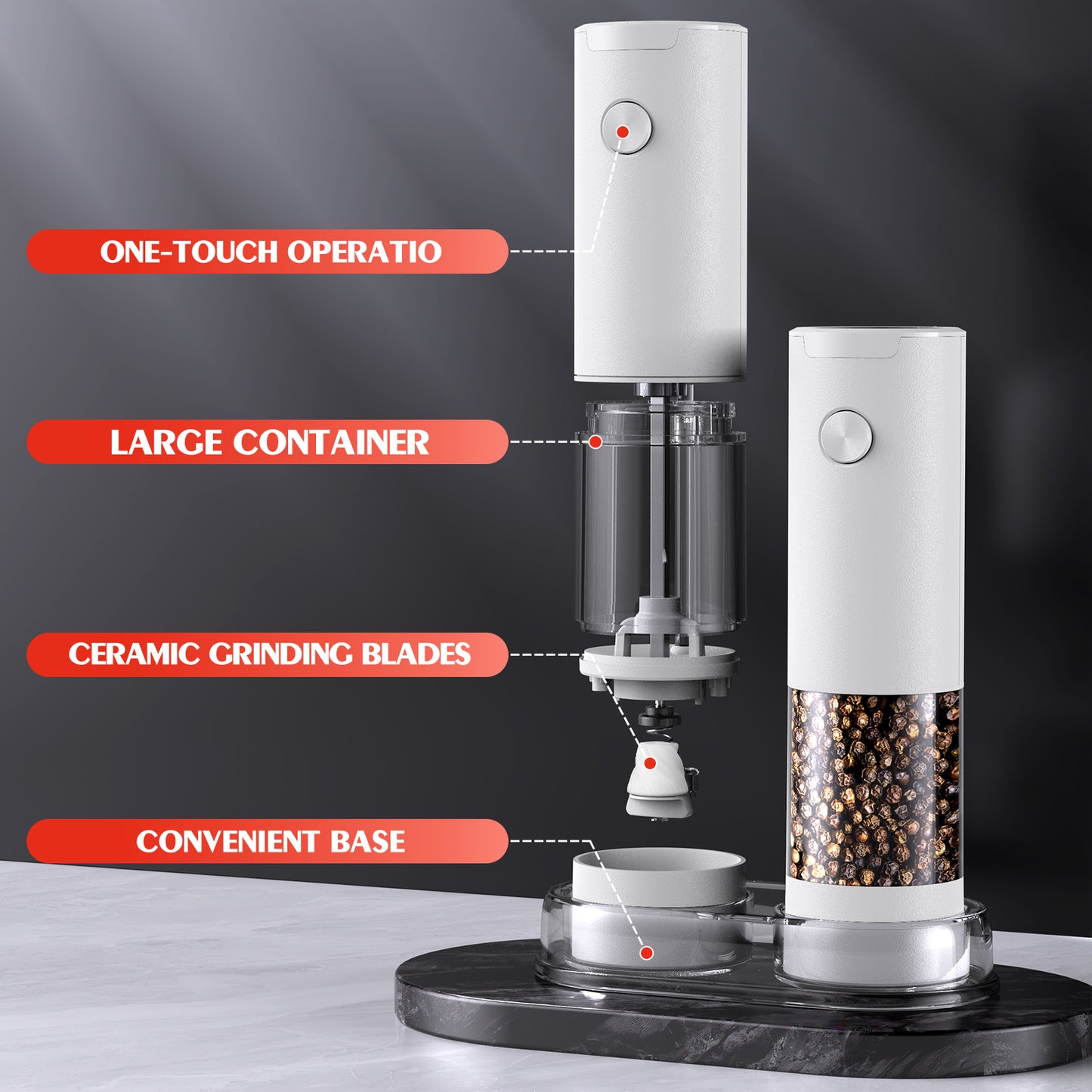 Electric Salt and Pepper Grinder Set Automatic Battery Pepper Mill Shakers Adjustable Coarseness Easy Filling Upgraded Larger Capacity with Led (2 Pack White/White)