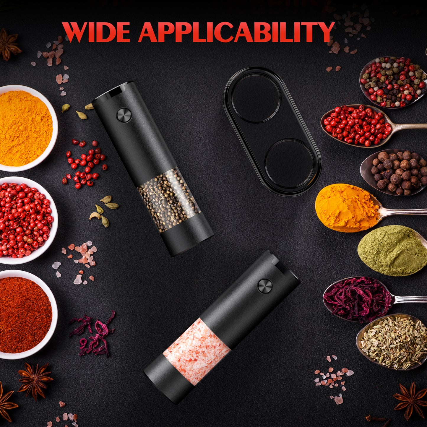 Electric Salt and Pepper Grinder Set Automatic Battery Pepper Mill Shakers Adjustable Coarseness Easy Filling Upgraded Larger Capacity with Led (2 Pack Black/Black)
