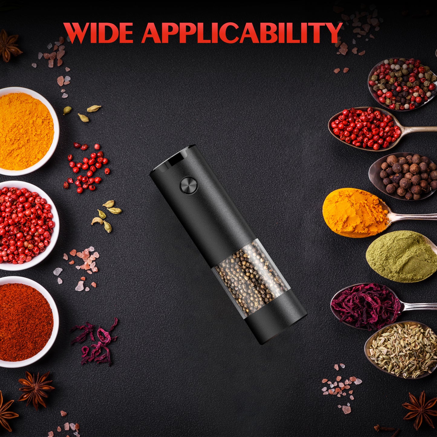 Electric Salt and Pepper Grinder Set Automatic Battery Pepper Mill Shakers Adjustable Coarseness Easy Filling Upgraded Larger Capacity with Led (1 Pack Black)