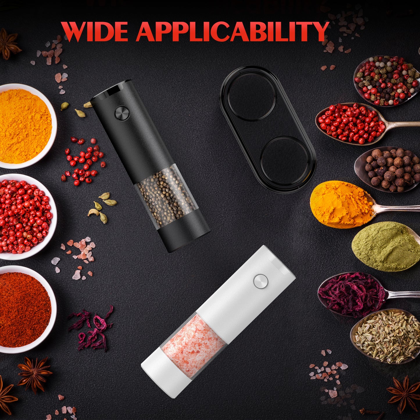 Electric Salt and Pepper Grinder Set Automatic Battery Pepper Mill Shakers Adjustable Coarseness Easy Filling Upgraded Larger Capacity with Led (2 Pack Black/White)