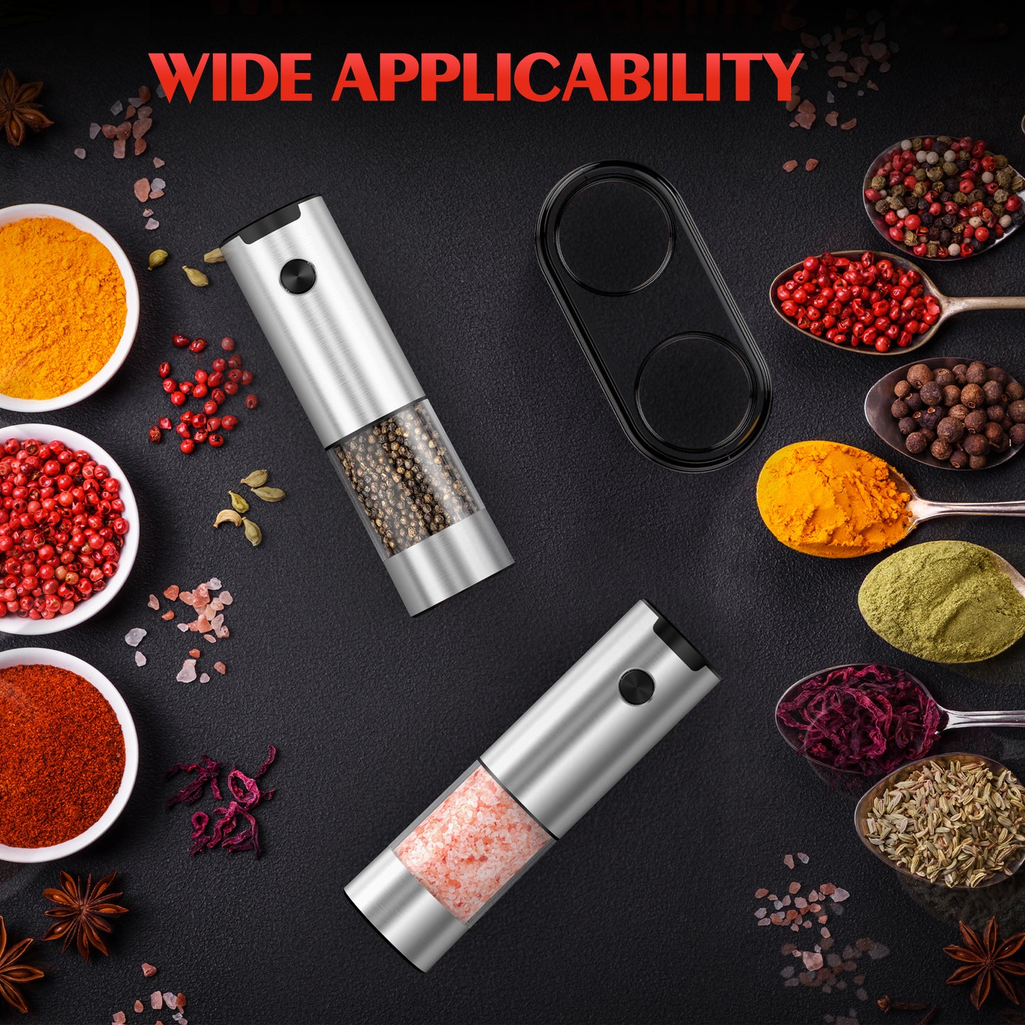 Electric Salt and Pepper Grinder Set Automatic Battery Pepper Mill Shakers Adjustable Coarseness Easy Filling Upgraded Larger Capacity with Led (2 Pack Stainless Steel)