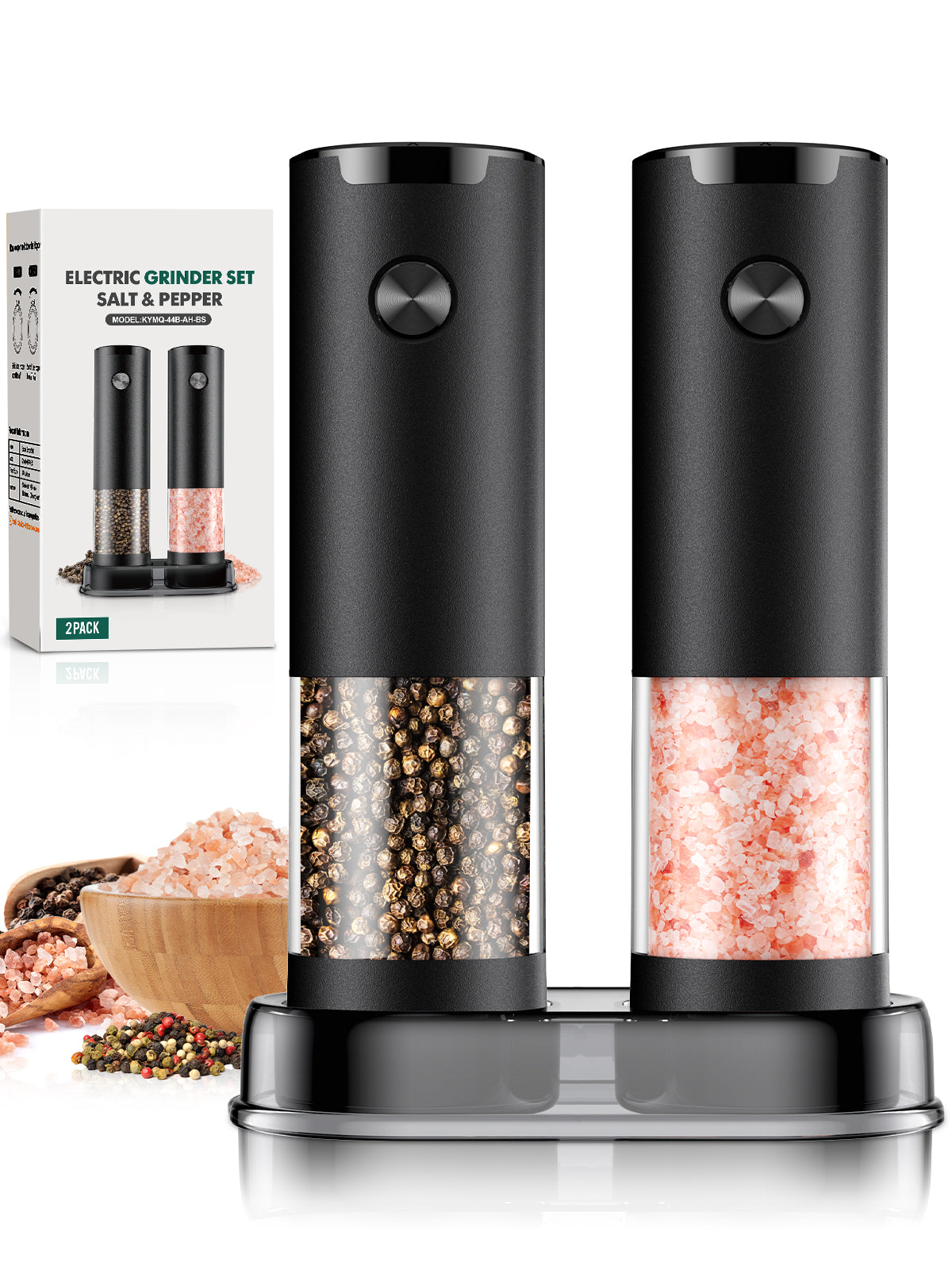 Electric Salt and Pepper Grinder Set Automatic Battery Pepper Mill Shakers Adjustable Coarseness Easy Filling Upgraded Larger Capacity with Led (2 Pack Black/Black)