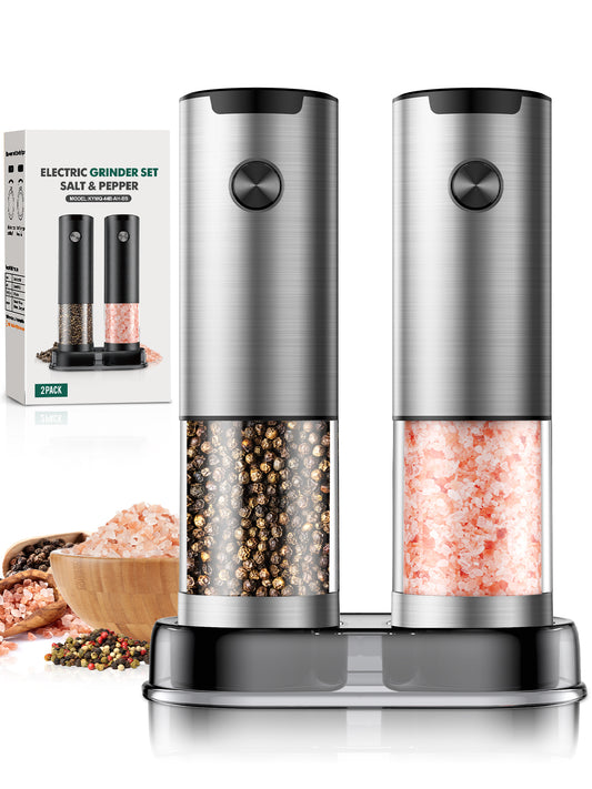 Electric Salt and Pepper Grinder Set Automatic Battery Pepper Mill Shakers Adjustable Coarseness Easy Filling Upgraded Larger Capacity with Led (2 Pack Stainless Steel）