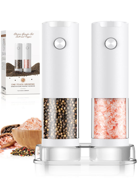 Electric Salt and Pepper Grinder Set Automatic Battery Pepper Mill Shakers Adjustable Coarseness Easy Filling Upgraded Larger Capacity with Led (2 Pack White/White）