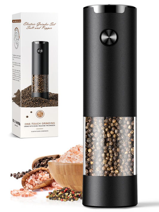 Electric Salt and Pepper Grinder Set Automatic Battery Pepper Mill Shakers Adjustable Coarseness Easy Filling Upgraded Larger Capacity with Led (1 Pack Black)