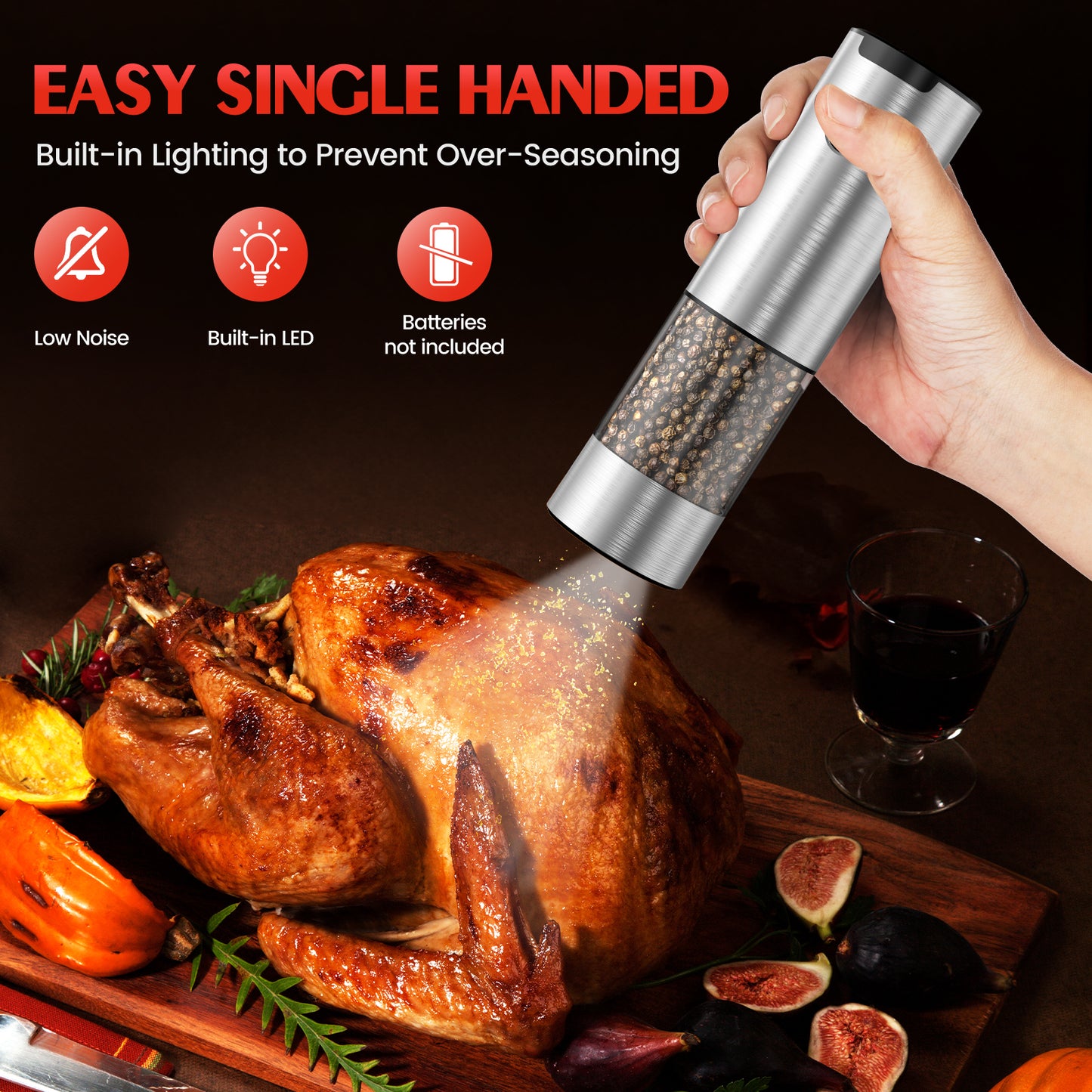 Electric Salt and Pepper Grinder Set Automatic Battery Pepper Mill Shakers Adjustable Coarseness Easy Filling Upgraded Larger Capacity with Led (2 Pack Stainless Steel）