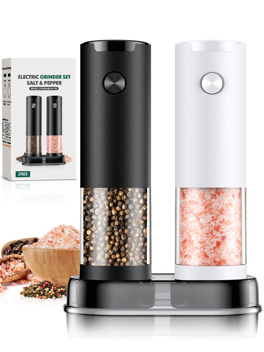 Electric Salt and Pepper Grinder Set Automatic Battery Pepper Mill Shakers Adjustable Coarseness Easy Filling Upgraded Larger Capacity with Led (2 Pack Black/White)